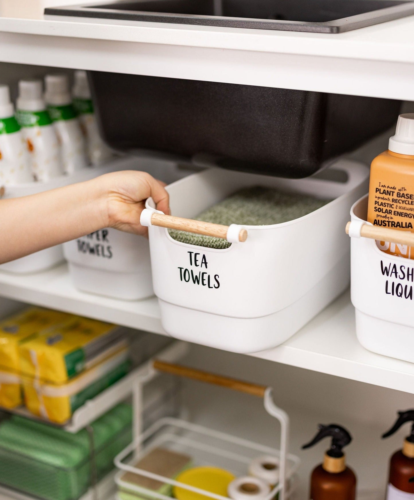 Large White Storage Tub with Wooden Handle (6 Pack)