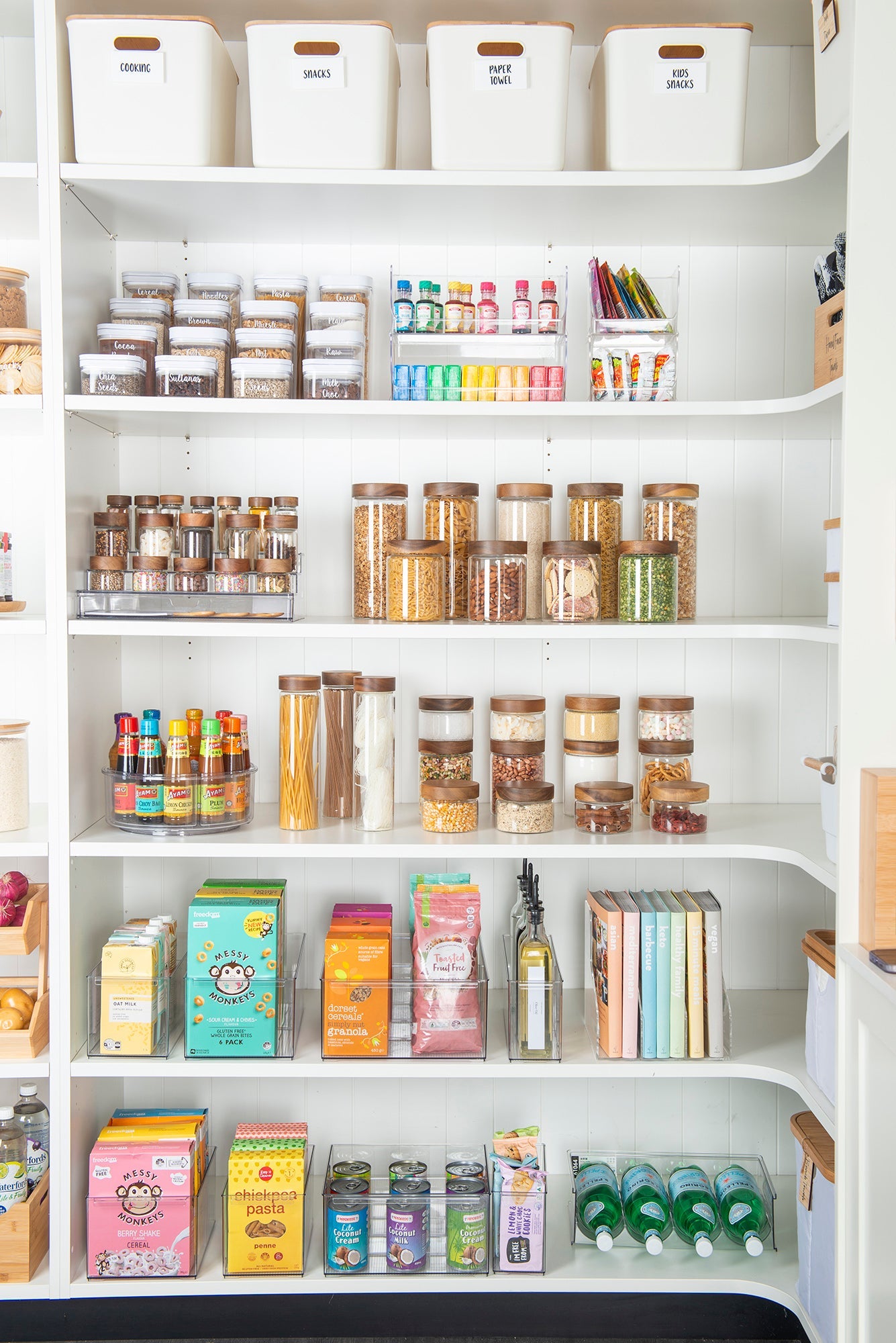 Large bottle organisation for pantry and fridge storage.