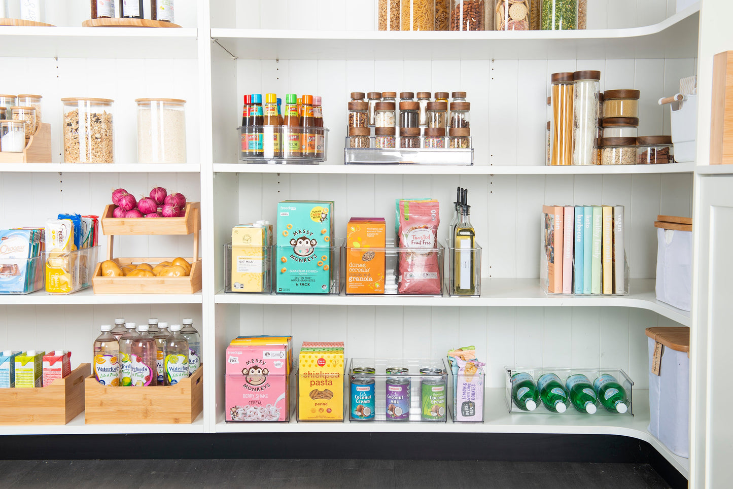Large bottle organisation for pantry and fridge storage.