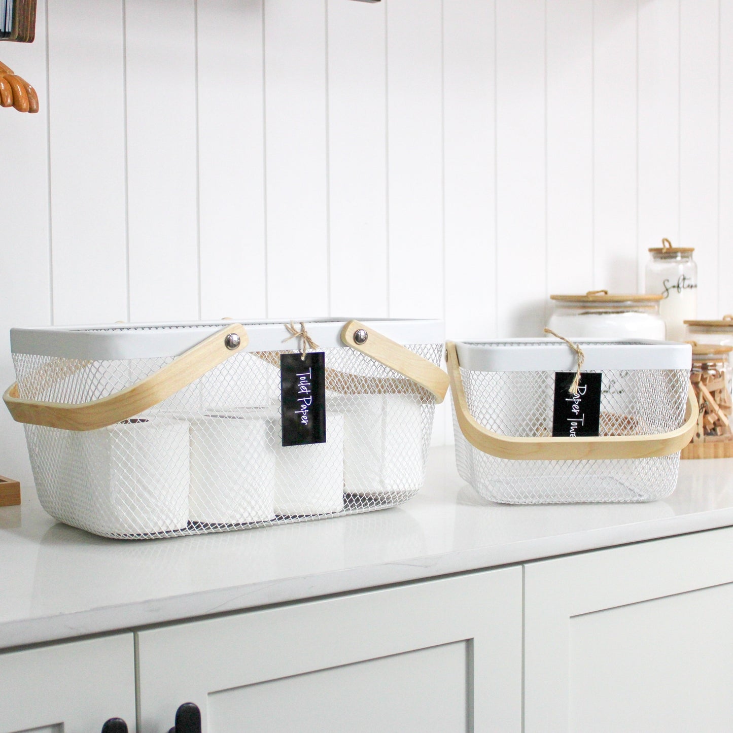 mesh metal basket with bamboo handle for home organisation, use in the kitchen, bathroom, laundry and more.