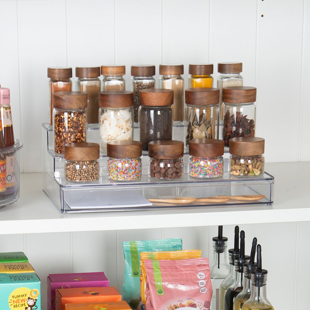 Clear herb & spice shelf. Spice rack for pantry organisation.