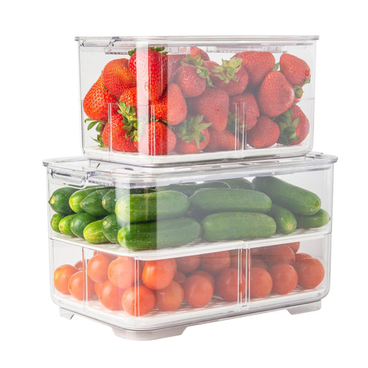 Fridge Organiser with Drainage Plug - Set of 2 for Fridge storage and organisation. Keep your food fresher in our storage containers.  Great for Meal Prep and Fridge organisation