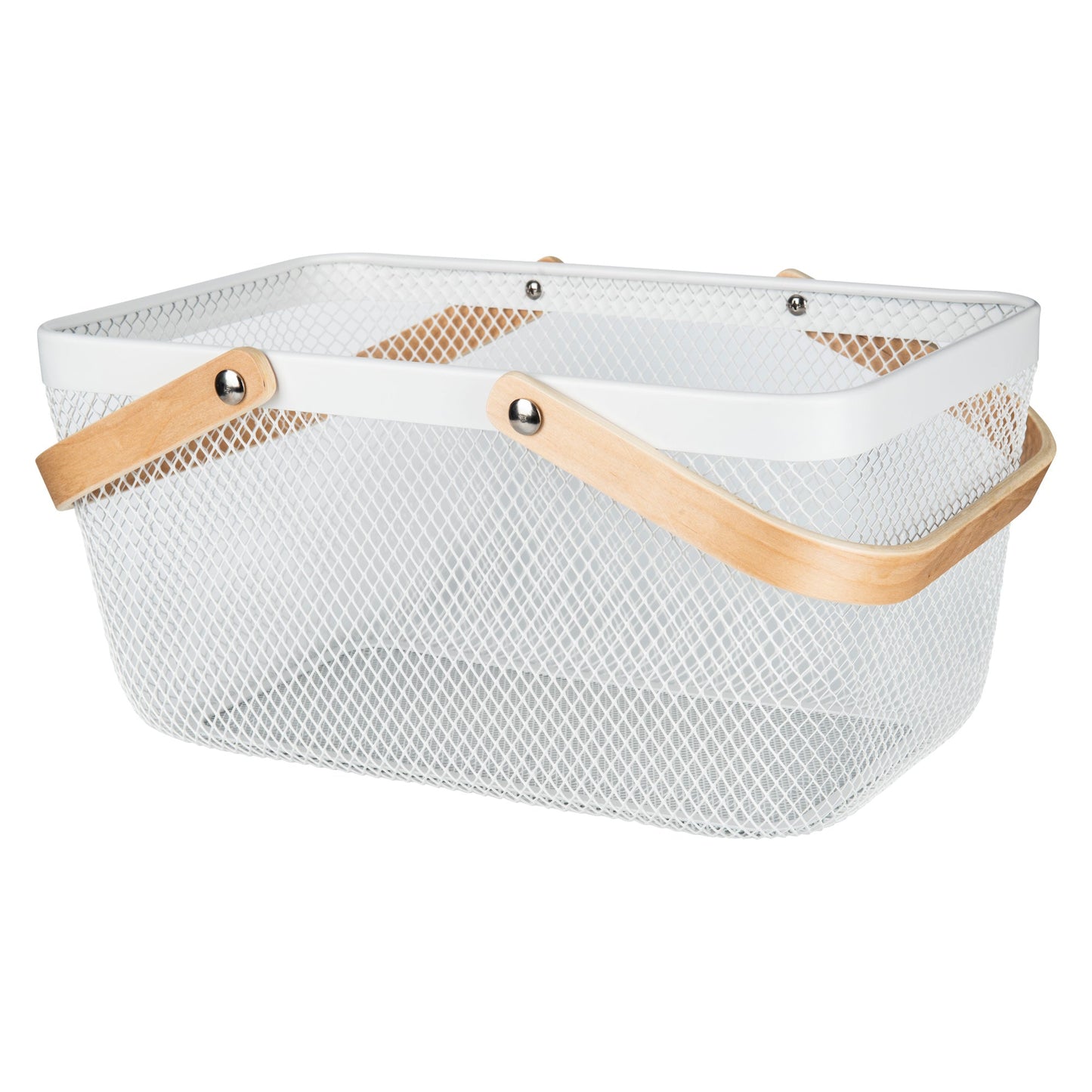 mesh metal basket with bamboo handle for home organisation, use in the kitchen, bathroom, laundry and more.