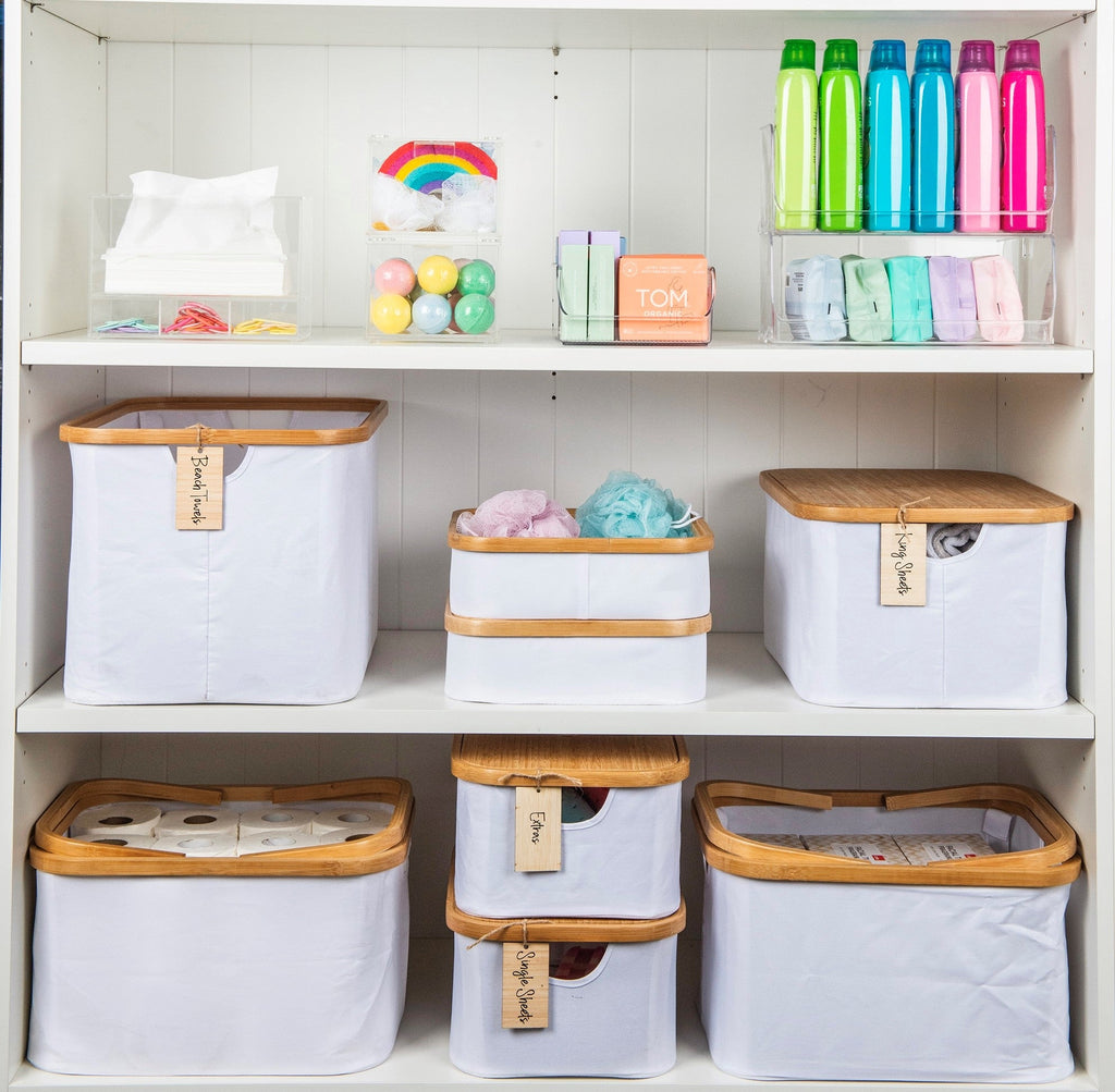 White Fabric Bamboo Linen Storage Basket - Large