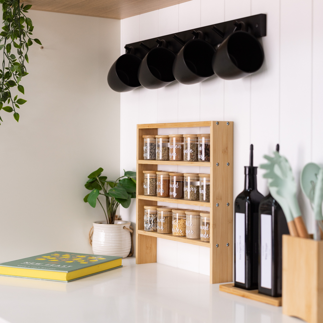 Standing 4-Tier Rack with 24 x 75ml Herb & Spice Jars Pack. Air Tight Spice Jars with a Spice Rack