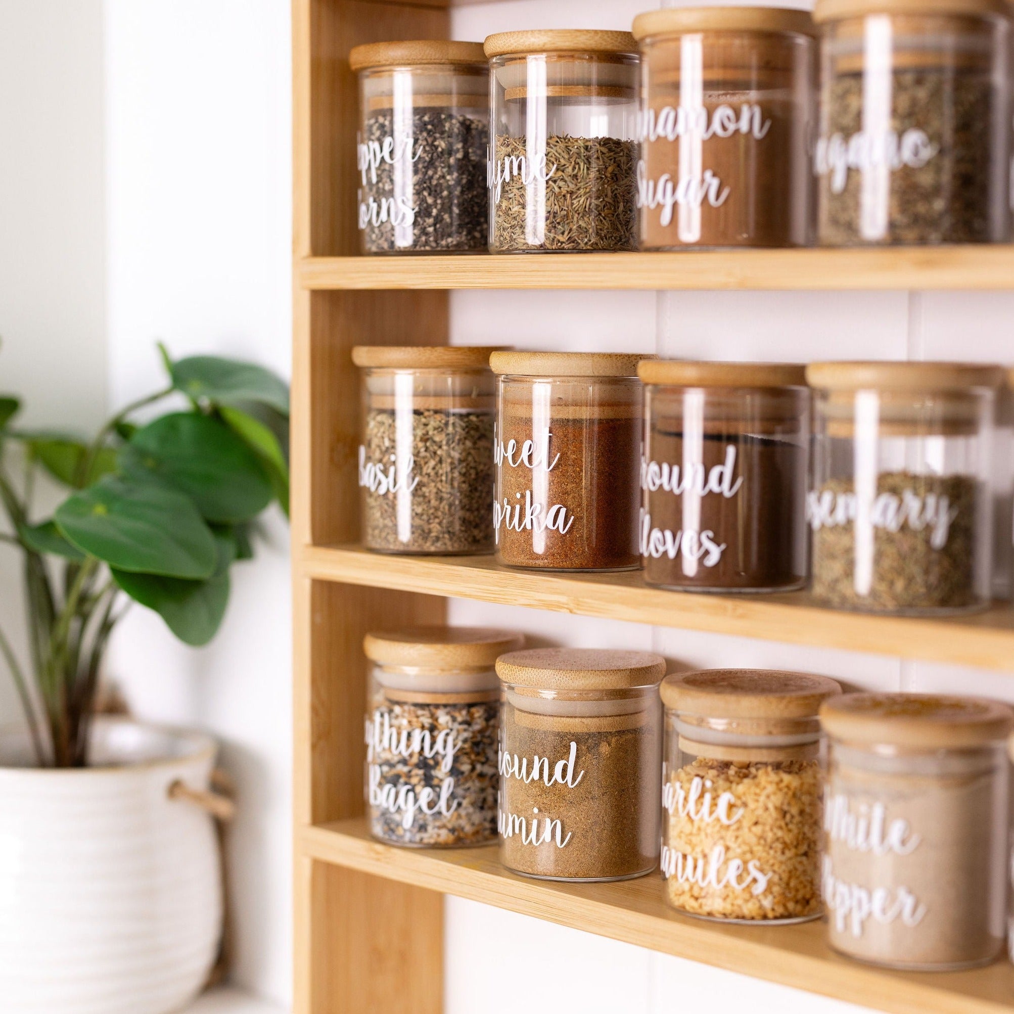 small glass Pantry Container for herb and spice storage 75ml glass jar with bamboo lid. home organisation pantry jar for spice rack 