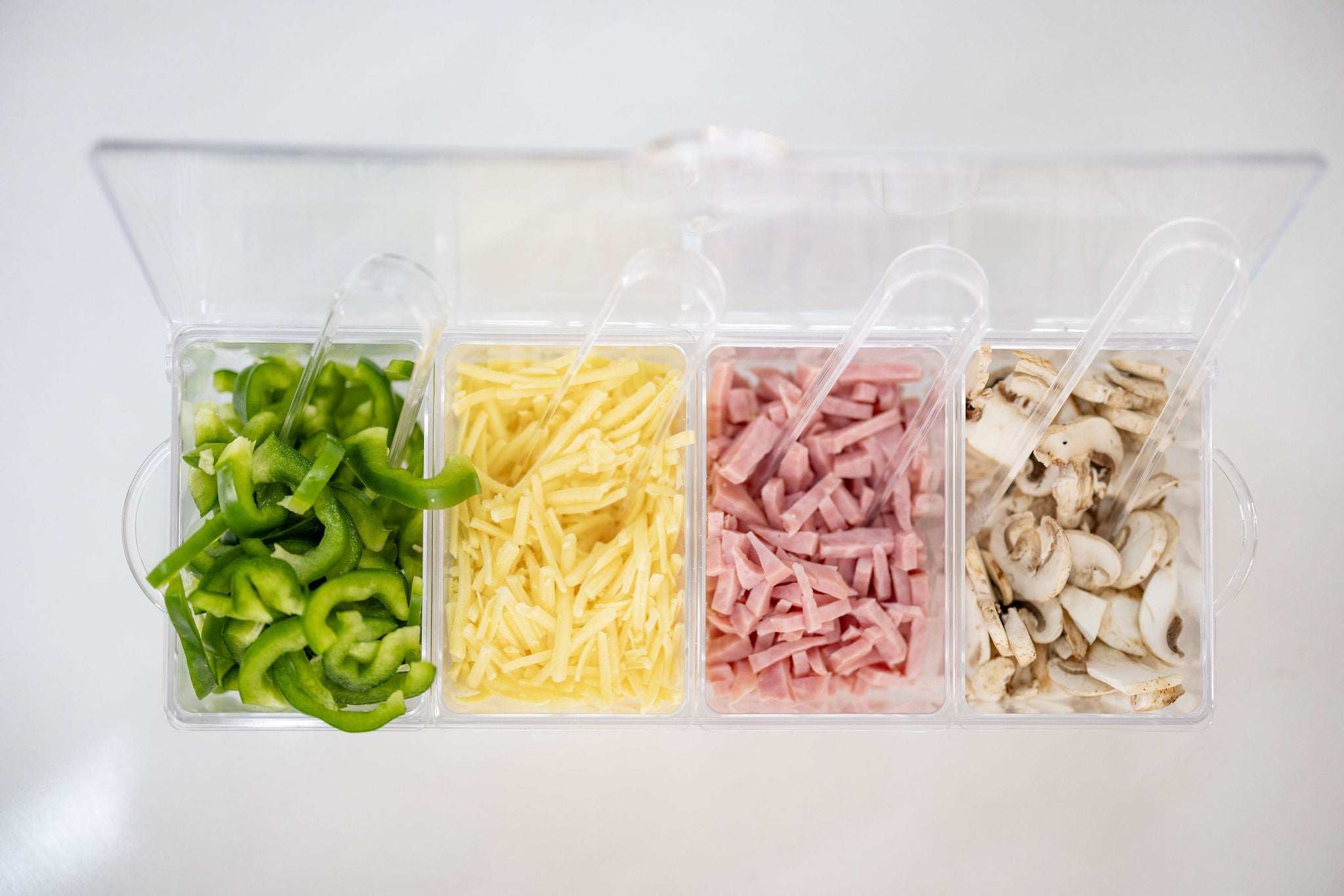 Condiment serving container with 4 inserts and tongs