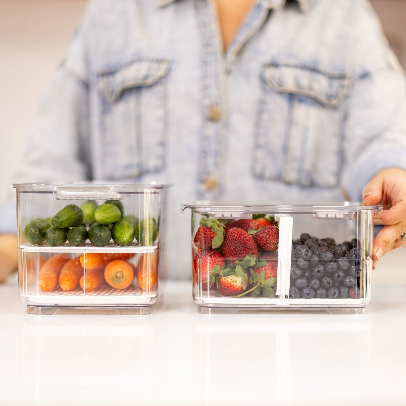 Fridge Organiser with Drainage Plug - Set of 2 for Fridge storage and organisation. Keep your food fresher in our storage containers.  Great for Meal Prep and Fridge organisation