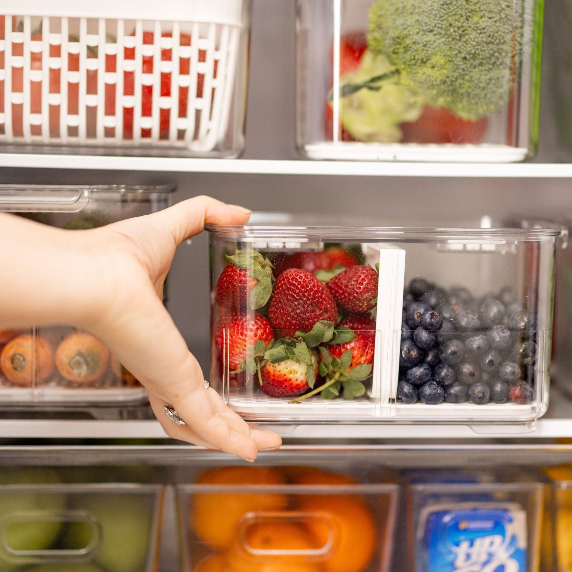 Fridge Organiser with Drainage Plug - Set of 2 for Fridge storage and organisation. Keep your food fresher in our storage containers.  Great for Meal Prep and Fridge organisation