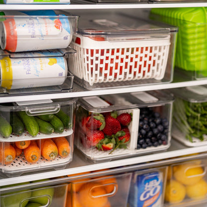 Fridge Organiser with Drainage Plug - Set of 2 for Fridge storage and organisation. Keep your food fresher in our storage containers.  Great for Meal Prep and Fridge organisation