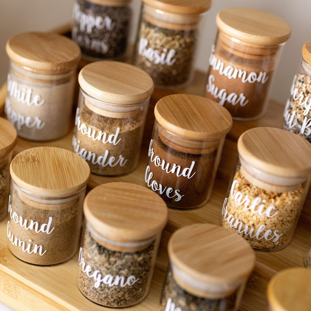 small glass Pantry Container for herb and spice storage 75ml glass jar with bamboo lid. home organisation pantry jar for spice rack 