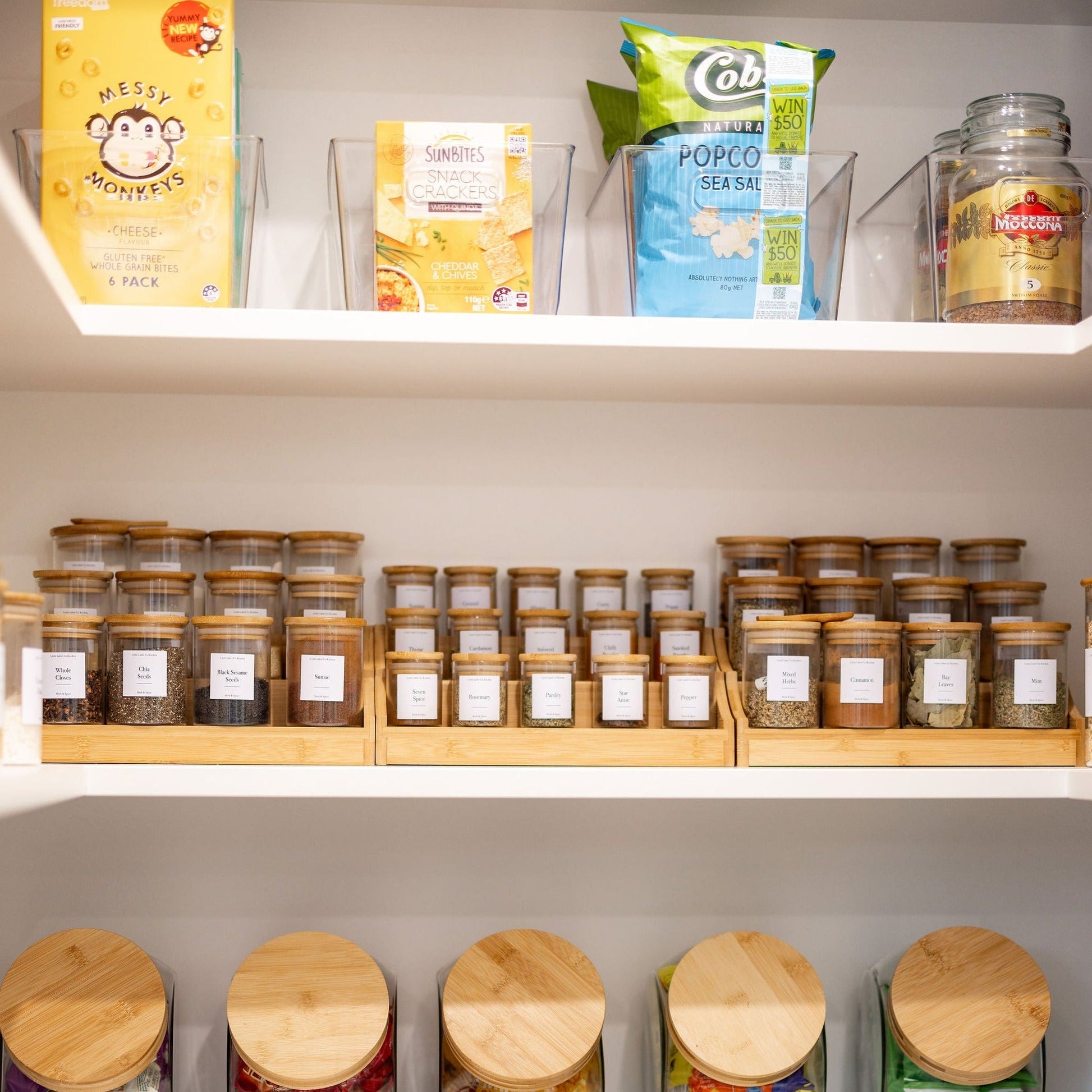 small glass Pantry Container for herb and spice storage 75ml glass jar with bamboo lid. home organisation pantry jar for spice rack 