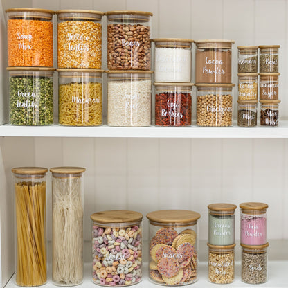 Bamboo Glass Jars Large Pantry Container Pack , Little Label Co Air Tight Containers for Pantry Organisation and Food Storage. 