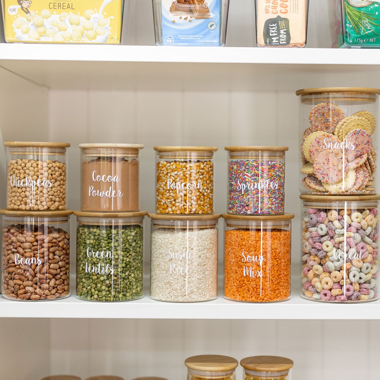 Bamboo Glass Jars Small Pantry Container Pack , Little Label Co Air Tight Containers for Pantry Organisation and Food Storage. 