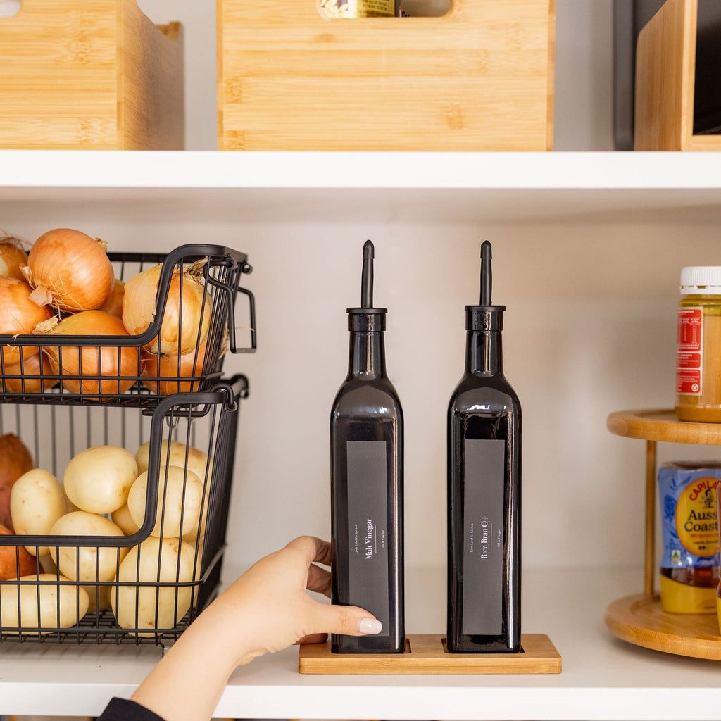Black Oil & Vinegar bottles with Bamboo tray - 500ml - Little Label Co The Home of Organisation For Kitchen, Bathroom, Laundry & More