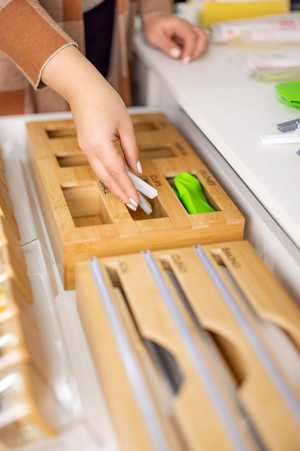 Bamboo Food Wrap Dispenser 3 Inserts - Little Label Co - Drawer organiser Drawer organisers Drawer Dividers Draw dividers Kitchen organisation, Bench-top Organisation, Food Wrap Dispenser, Kitchen Organisation, Kitchen Storage, Pantry Organisation