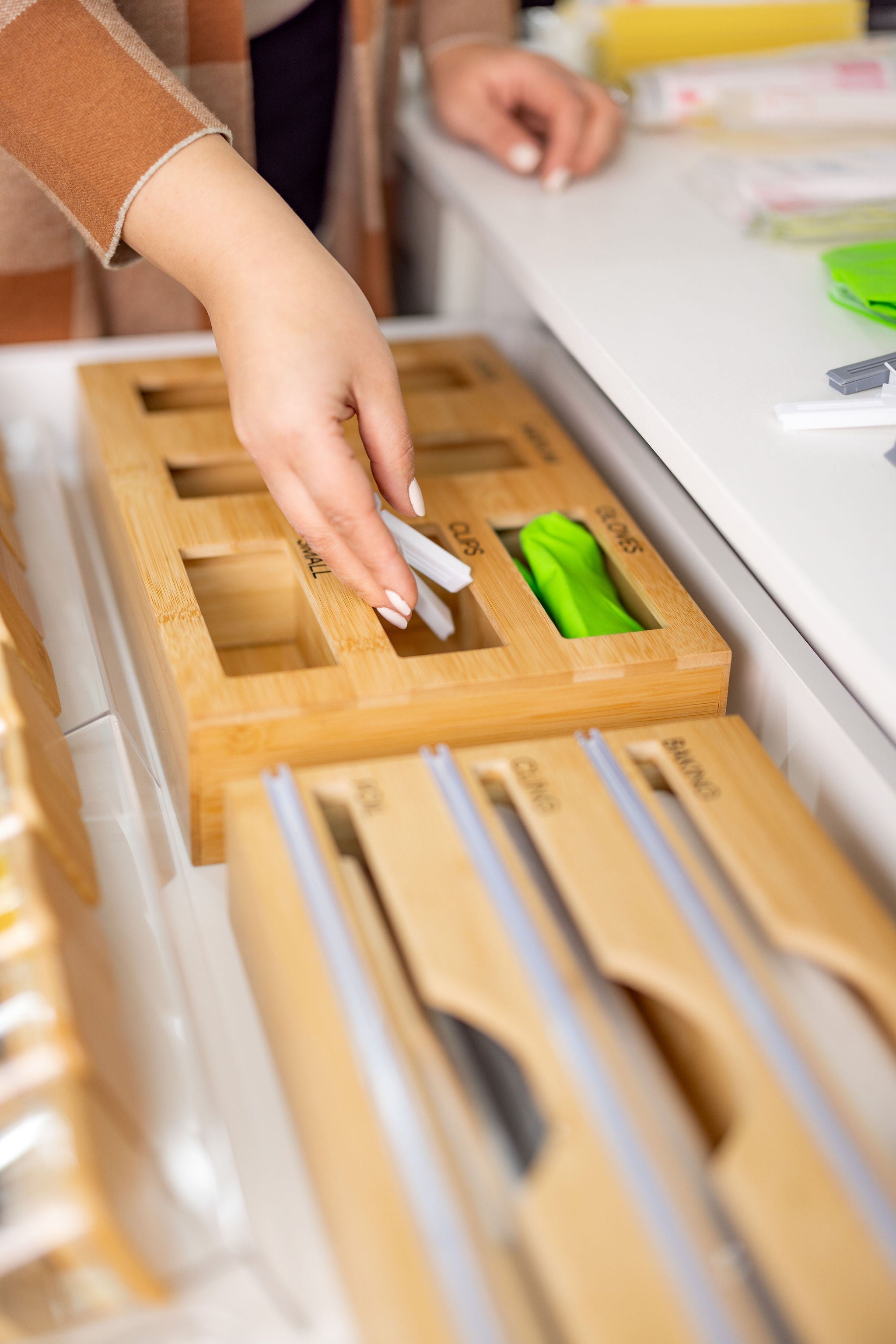 Bamboo Food Wrap Dispenser 3 Inserts - Little Label Co - Drawer organiser Drawer organisers Drawer Dividers Draw dividers Kitchen organisation, Bench-top Organisation, Food Wrap Dispenser, Kitchen Organisation, Kitchen Storage, Pantry Organisation
