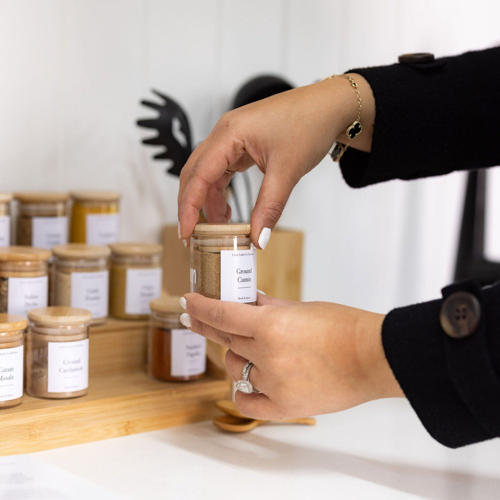 small glass Pantry Container for herb and spice storage 75ml glass jar with bamboo lid. home organisation pantry jar for spice rack 