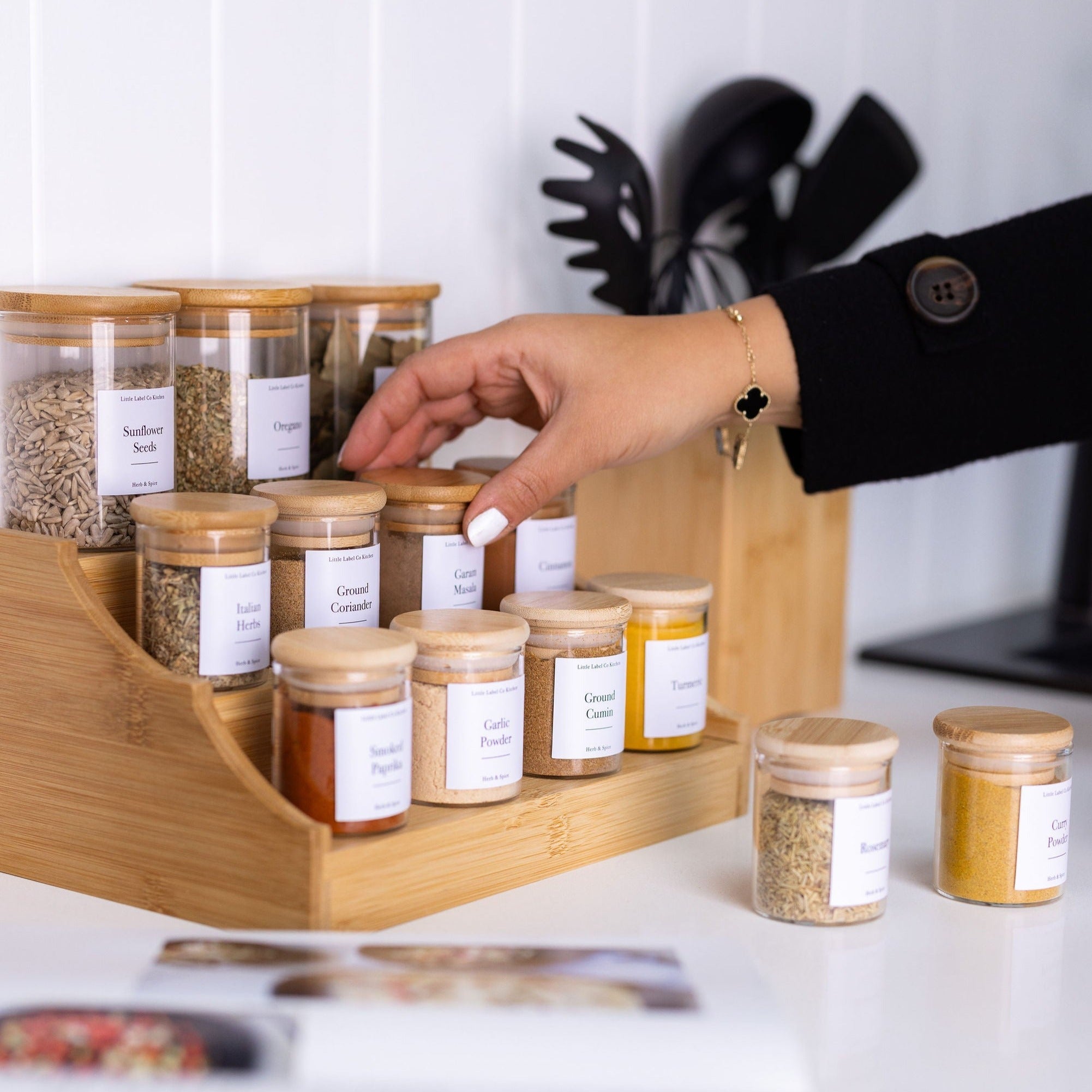 small glass Pantry Container for herb and spice storage 75ml glass jar with bamboo lid. home organisation pantry jar for spice rack 