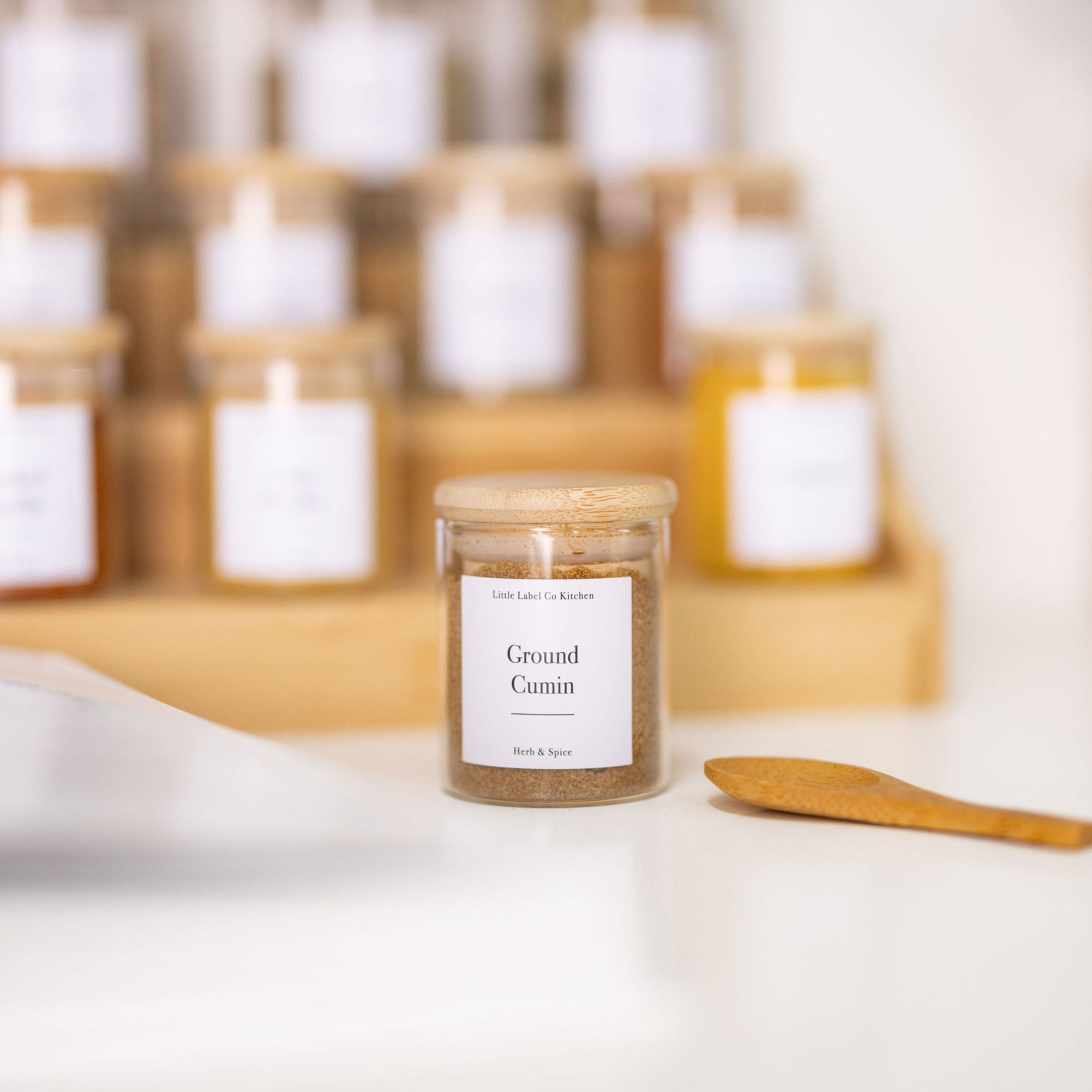 small glass Pantry Container for herb and spice storage 75ml glass jar with bamboo lid. home organisation pantry jar for spice rack 