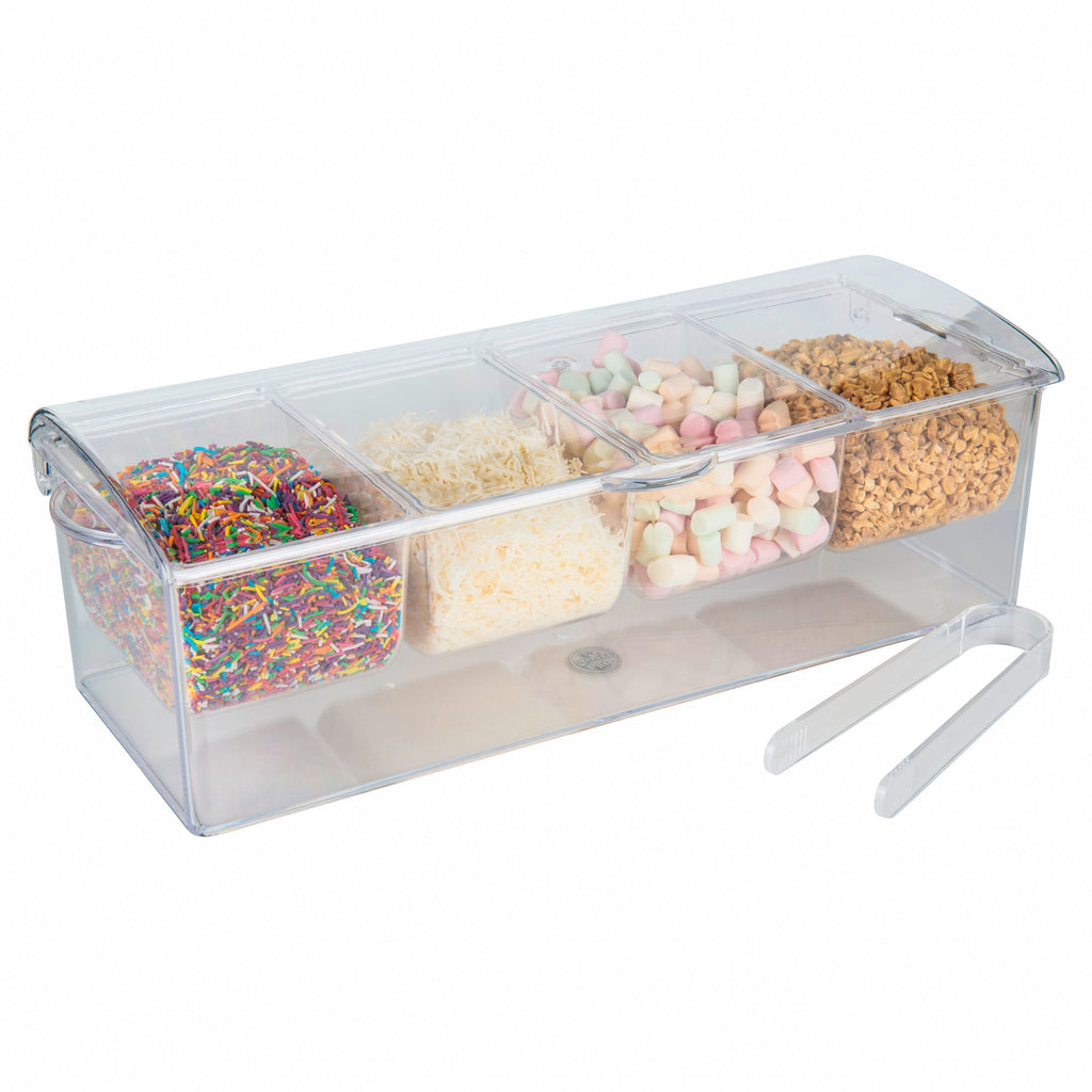 Condiment serving container with 4 inserts and tongs