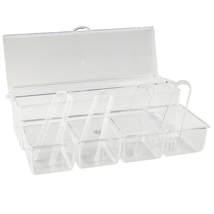 Condiment serving container with 4 inserts and tongs