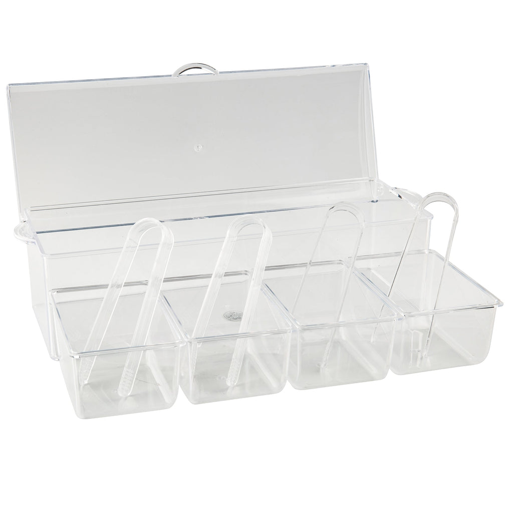 Condiment serving container with 4 inserts and tongs