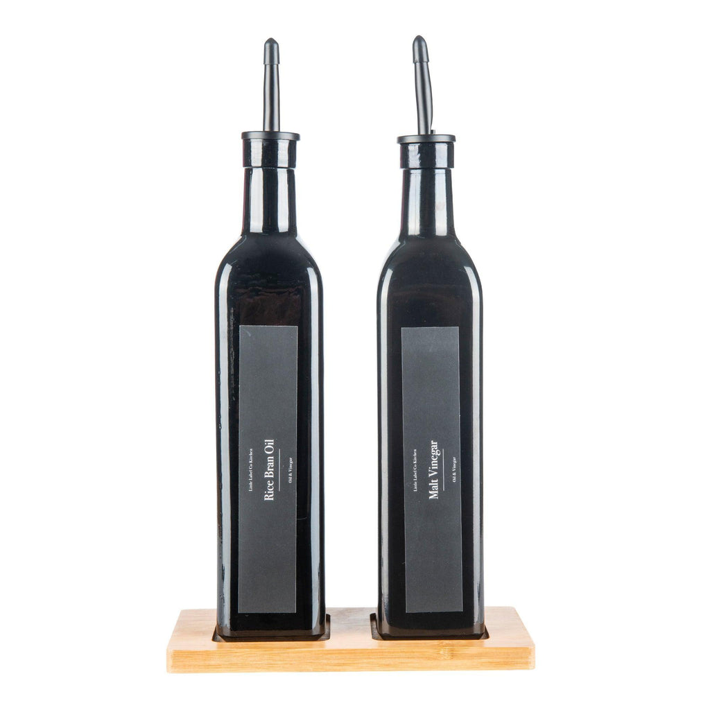 500ml Oil & Vinegar bottles with Bamboo tray BLACK - Little Label Co - Oil & Vinegar Dispensers - bundle,Catchoftheday,Kitchen Organisation,Oil & Vinegar Bottles,Pantry Organisation,Value Packs