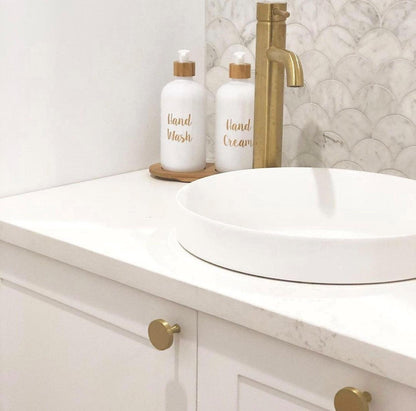 500ml White Glass Pump Bottles with Bamboo Tray - Little Label Co - Soap & Lotion Dispensers - 20%, Bathroom & Cleaning, Bathroom Organisation, Kitchen Organisation, Laundry Organisation, Refillable Bottles