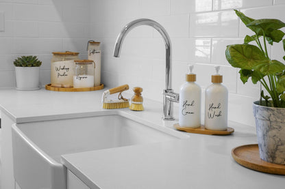 500ml White Glass Pump Bottles with Bamboo Tray - Little Label Co - Soap & Lotion Dispensers - 20%, Bathroom & Cleaning, Bathroom Organisation, Kitchen Organisation, Laundry Organisation, Refillable Bottles