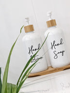 500ml White Glass Pump Bottles with Bamboo Tray - Little Label Co - Soap & Lotion Dispensers - 20%, Bathroom & Cleaning, Bathroom Organisation, Kitchen Organisation, Laundry Organisation, Refillable Bottles