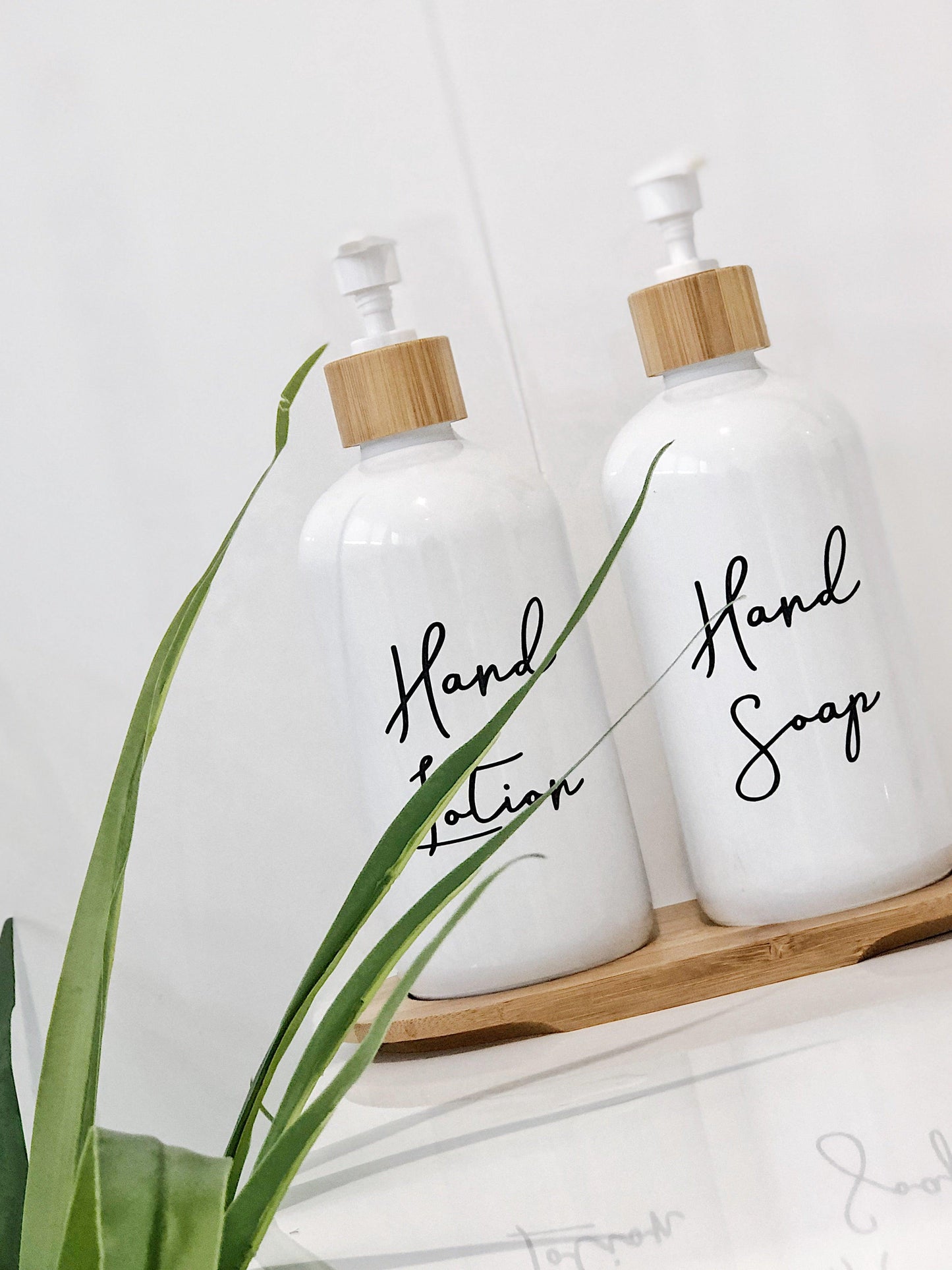 500ml White Glass Pump Bottles with Bamboo Tray - Little Label Co - Soap & Lotion Dispensers - 20%, Bathroom & Cleaning, Bathroom Organisation, Kitchen Organisation, Laundry Organisation, Refillable Bottles