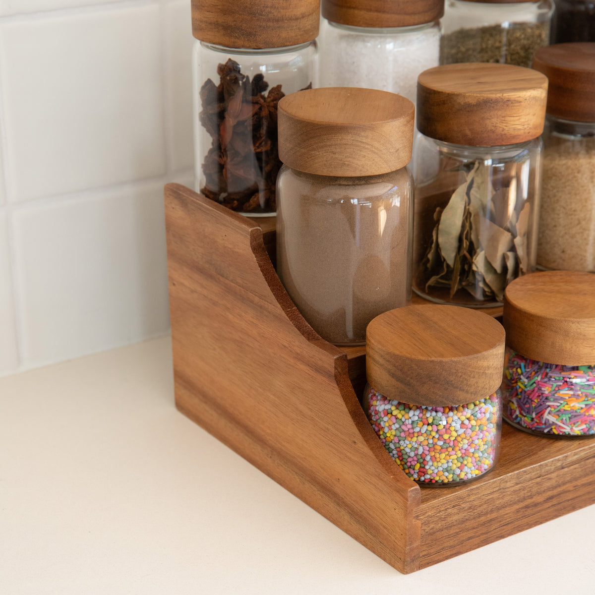 Acacia Spice Rack with 12 Screw Top Jars