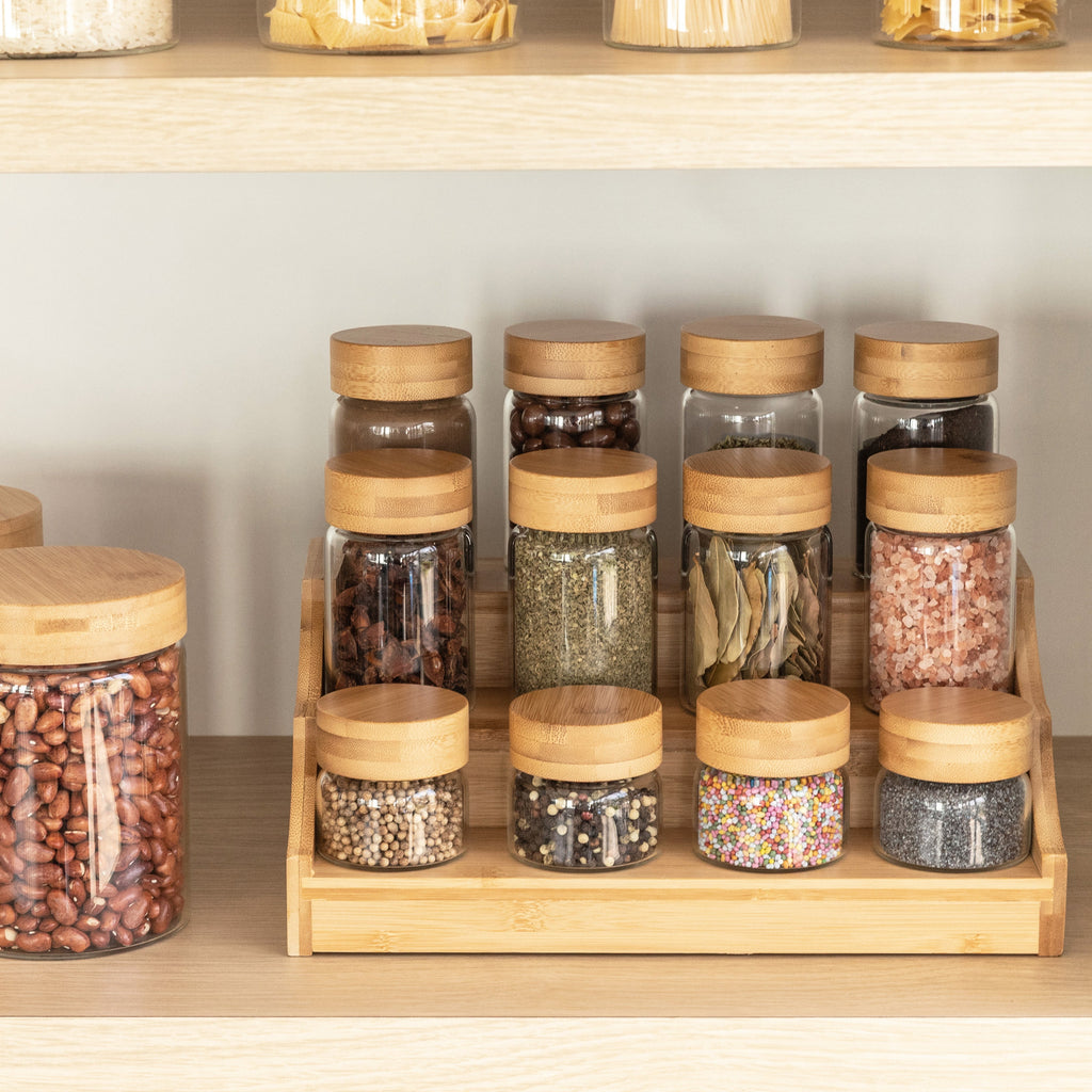Bamboo Spice Rack with 12 Screw Top Jars