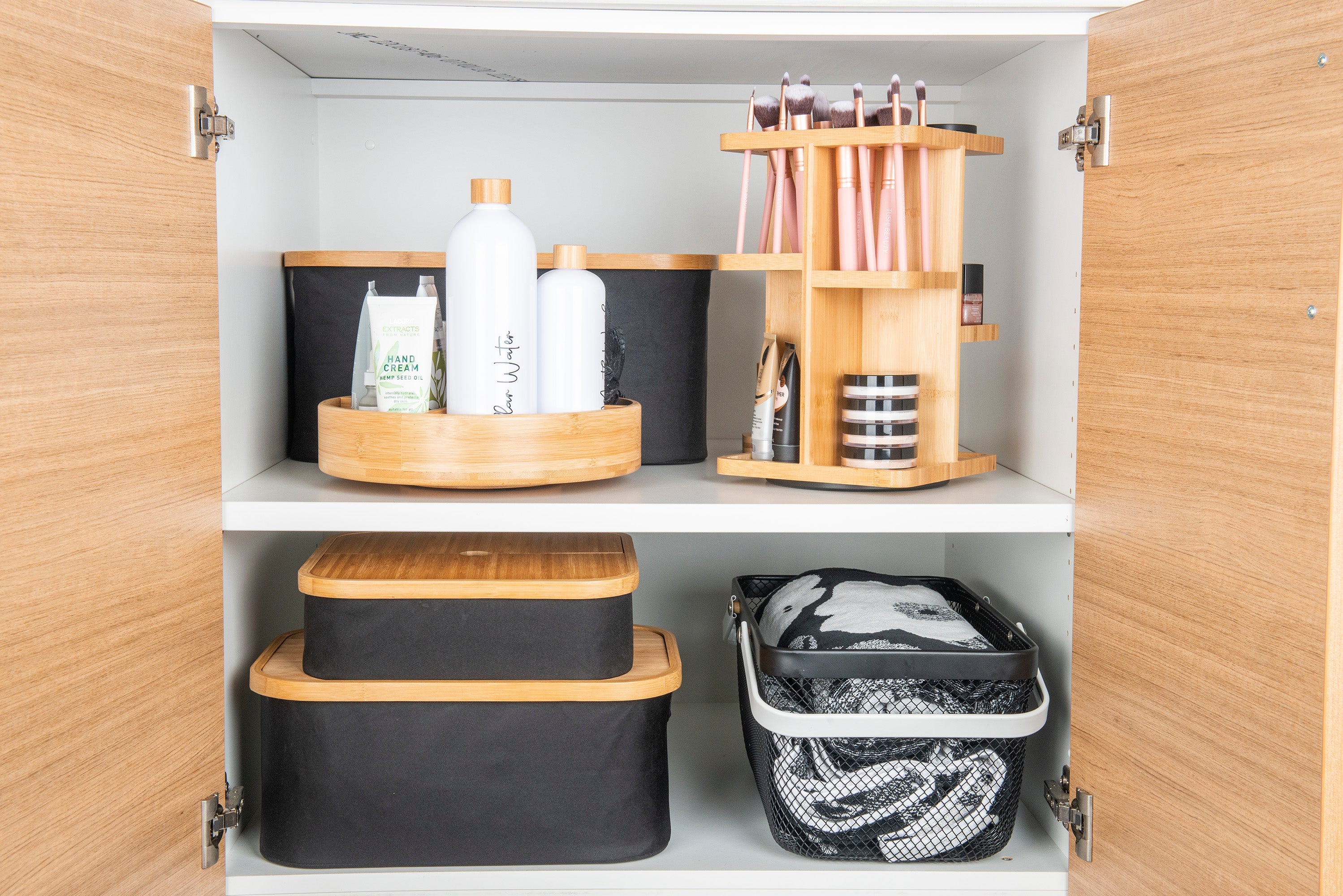 Black Fabric Bamboo Linen Storage Basket with Dividers