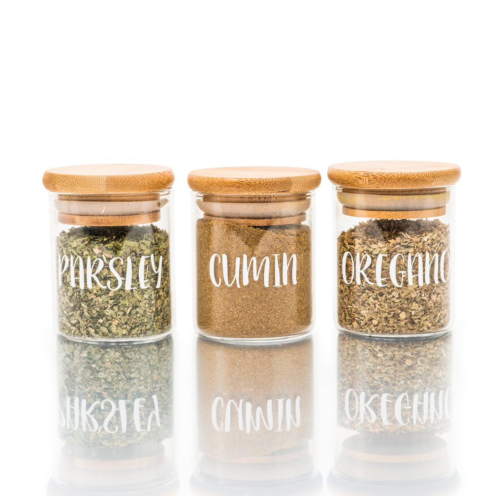 small glass Pantry Container for herb and spice storage 75ml glass jar with bamboo lid. home organisation pantry jar for spice rack 