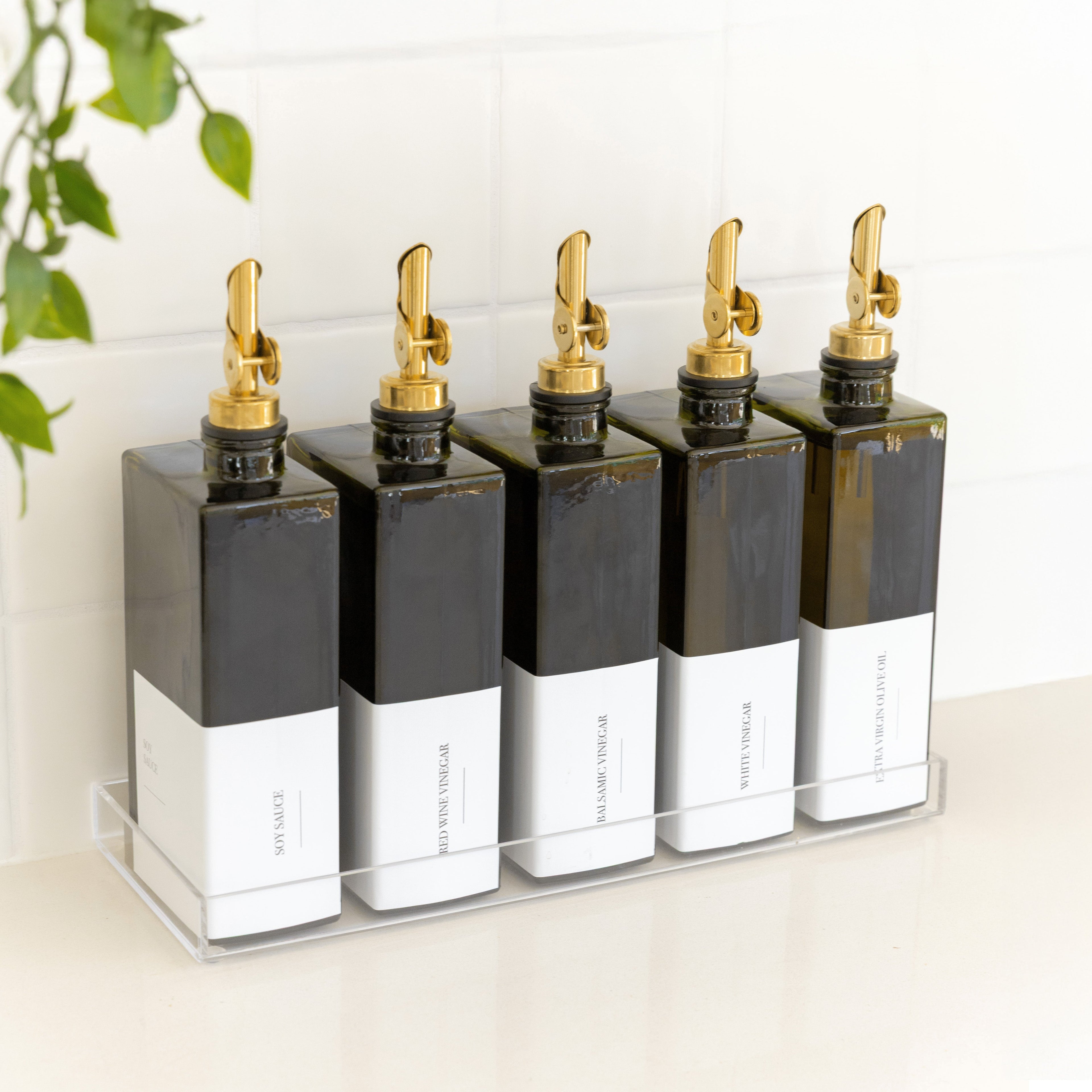 Green Oil & Vinegar Book Bottles with Acrylic Tray - 5 Pack - Little Label Co Australia - The Home of Organisation For Kitchen, Bathroom, Laundry & More