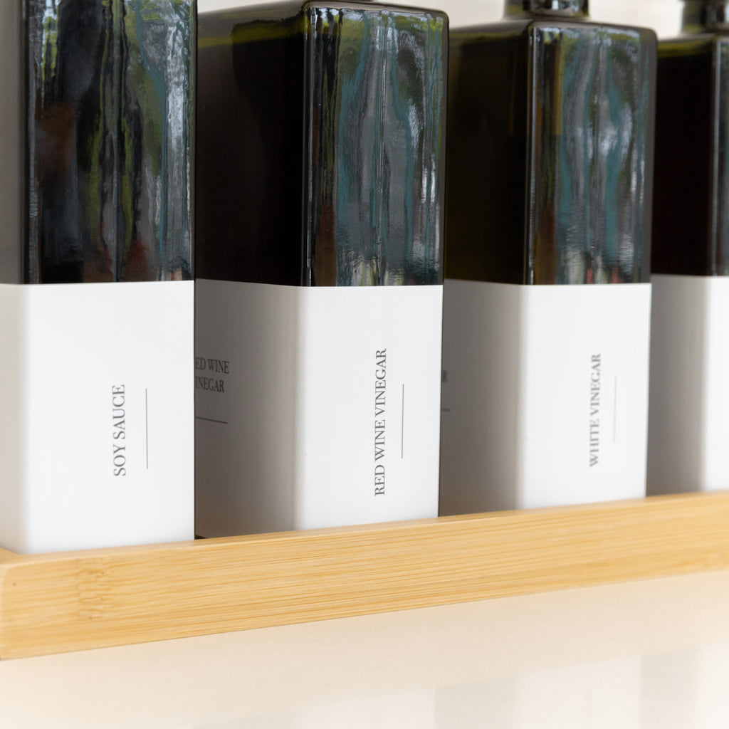 Green Oil & Vinegar Book Bottles with Bamboo Tray - 4 Pack - Little Label Co Australia - The Home of Organisation For Kitchen, Bathroom, Laundry & More