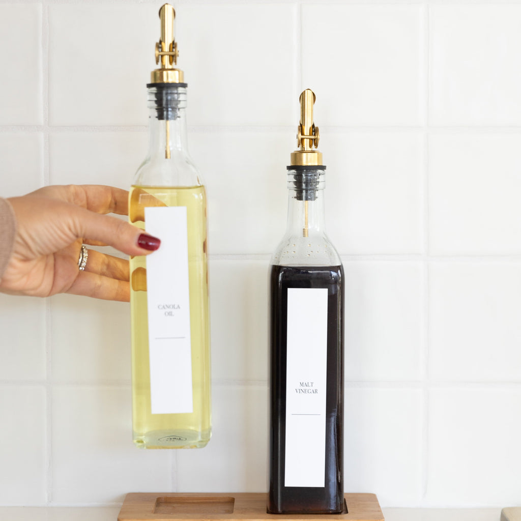 Clear Oil & Vinegar Bottle with Gold Pourer - 500ml - Little Label Co The Home of Organisation For Kitchen, Bathroom, Laundry & More