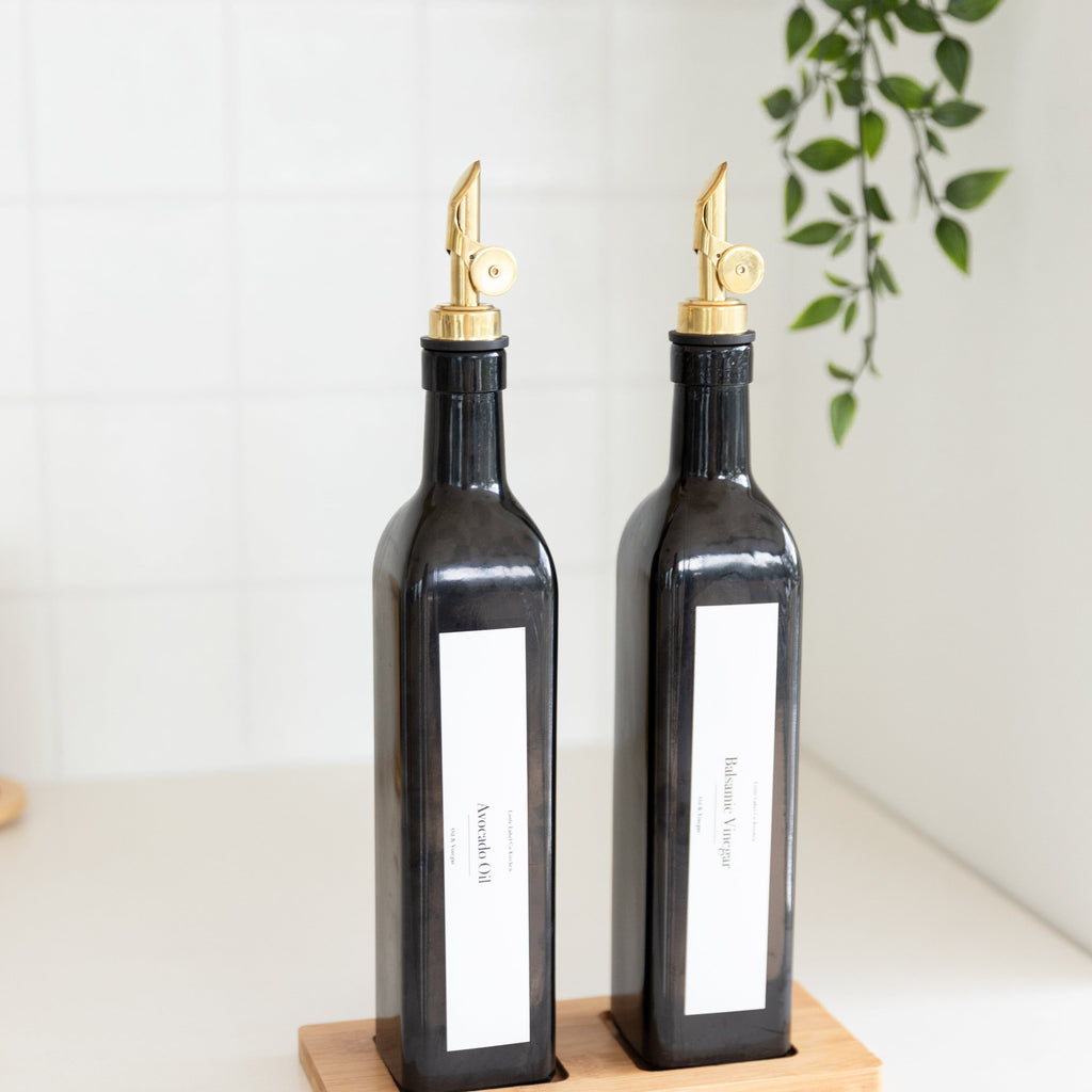 Black Oil & Vinegar Bottle with Gold Pourer - 500ml - Little Label Co The Home of Organisation For Kitchen, Bathroom, Laundry & More