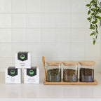 Tea Essentials Set;  Bamboo Glass Trio + Premium Australian Green Teas