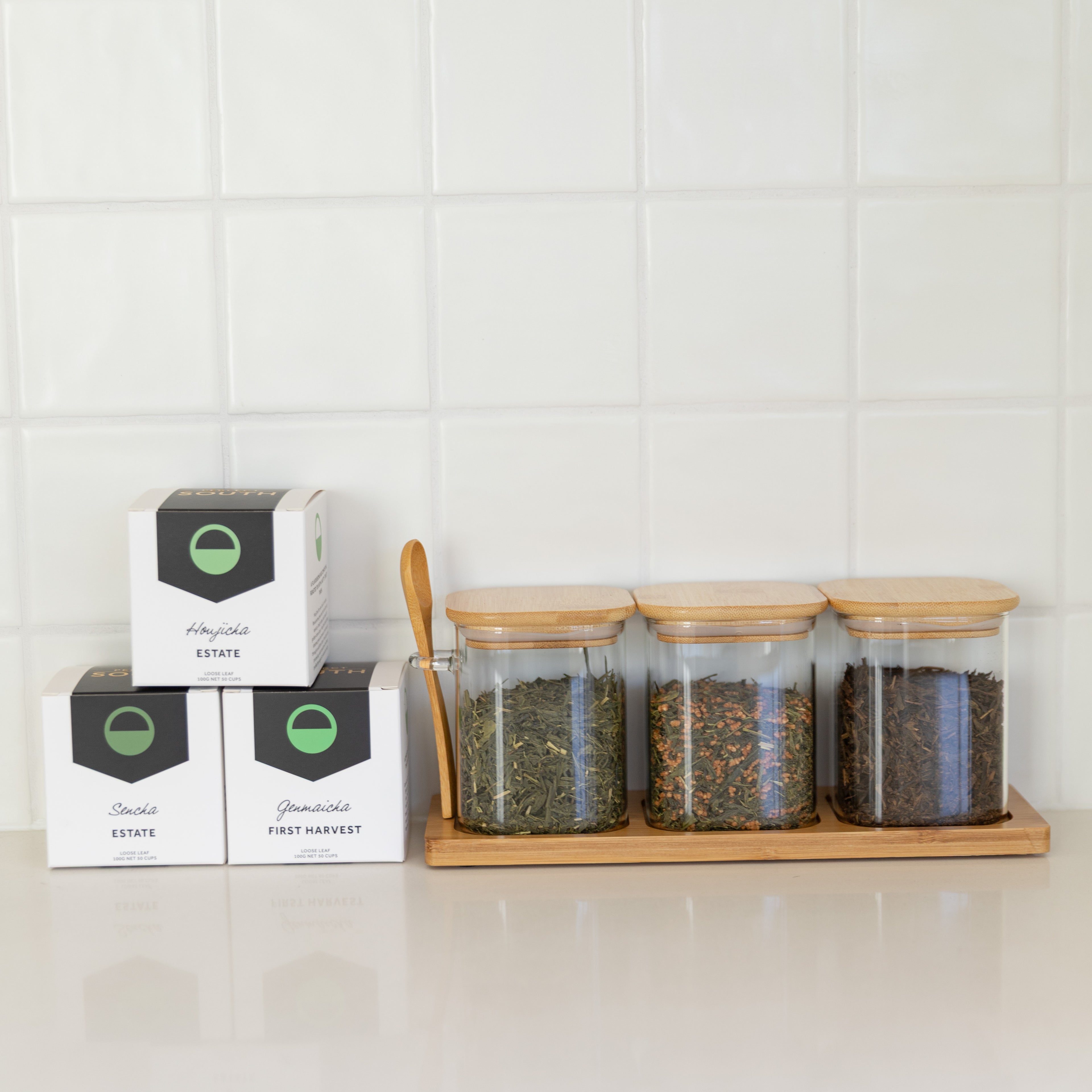 Tea Essentials Set;  Bamboo Glass Trio + Premium Australian Green Teas