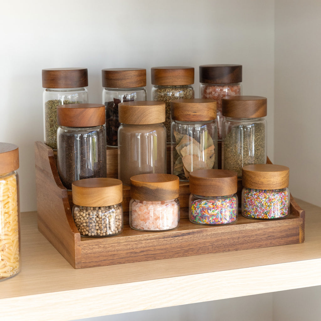 Acacia Spice Rack with 12 Screw Top Jars