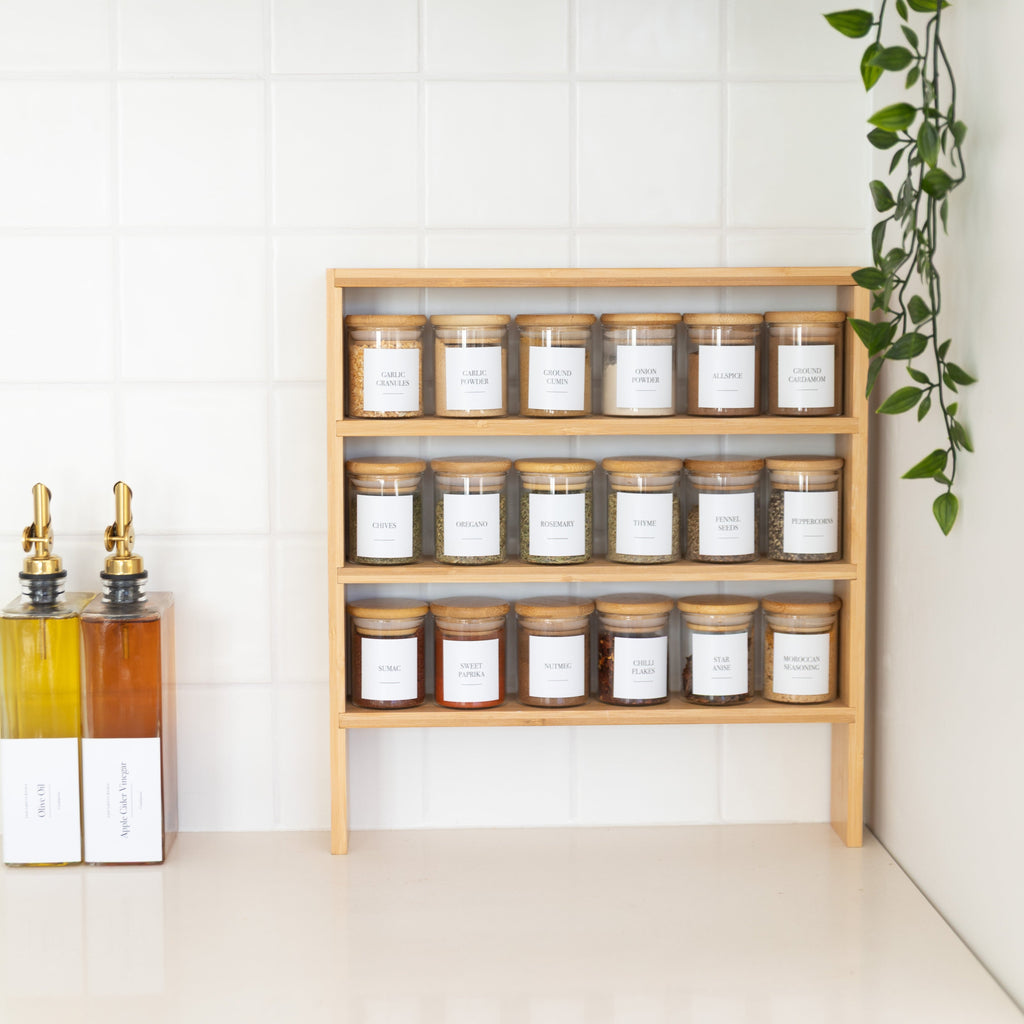 Standing 4-Tier Spice Rack with 18 x 75ml Herb & Spice Jars Pack - Little Label Co Australia - The Home of Organisation For Kitchen, Bathroom, Laundry & More