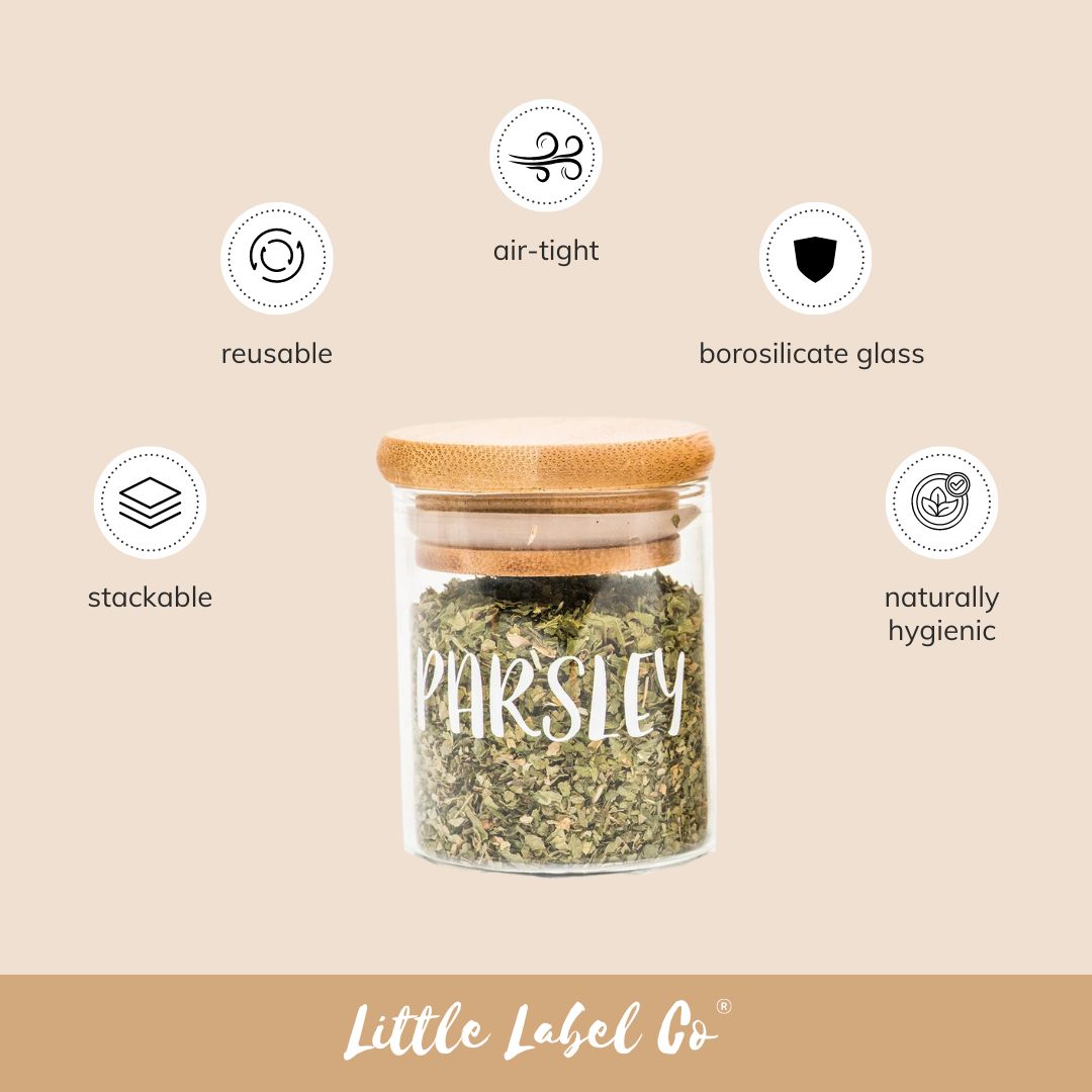 small glass Pantry Container for herb and spice storage 75ml glass jar with bamboo lid. home organisation pantry jar for spice rack