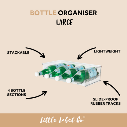 Large bottle organisation for pantry and fridge storage. 