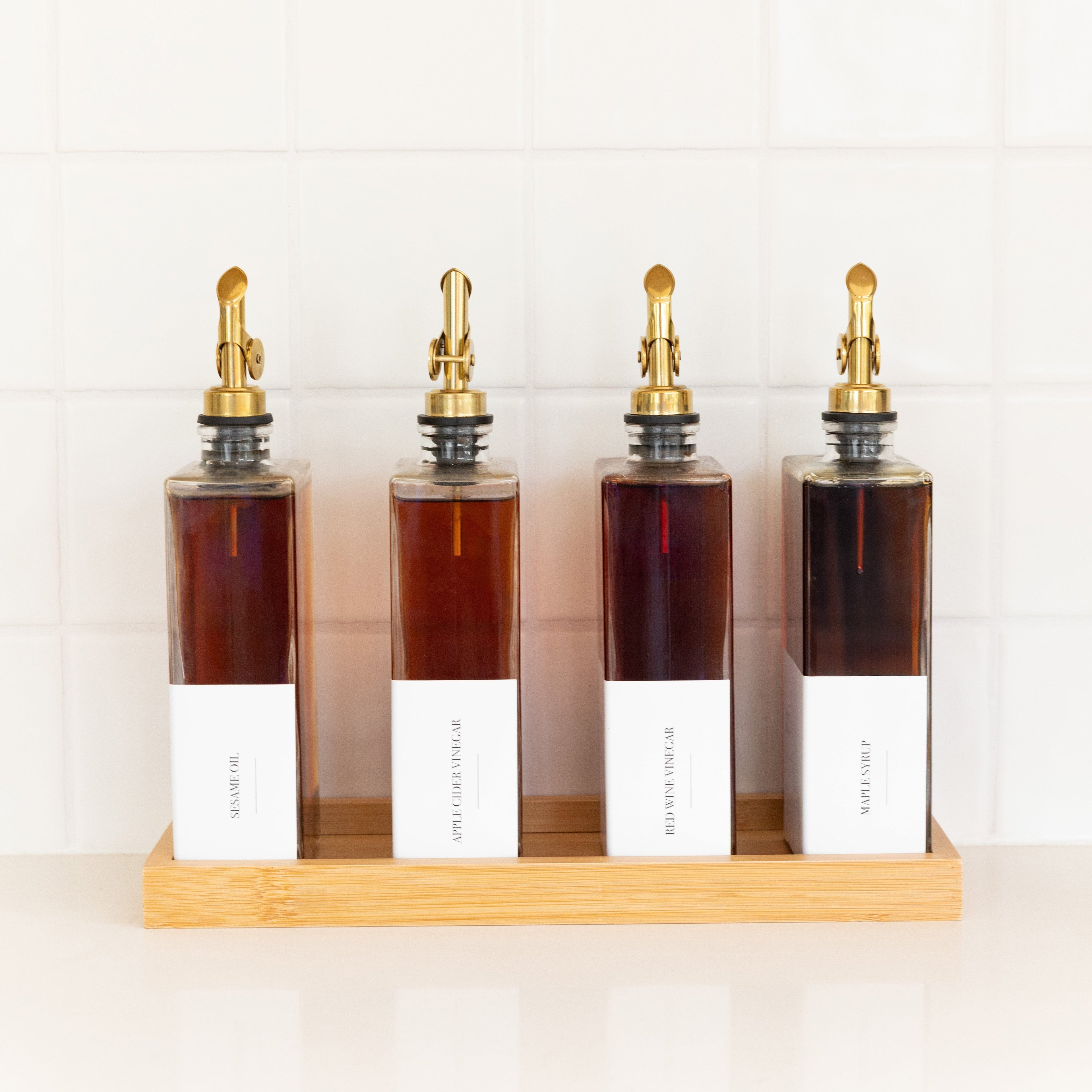 Oil & Vinegar Book Bottles with Bamboo Tray - 4 Pack - Little Label Co Australia - The Home of Organisation For Kitchen, Bathroom, Laundry & More