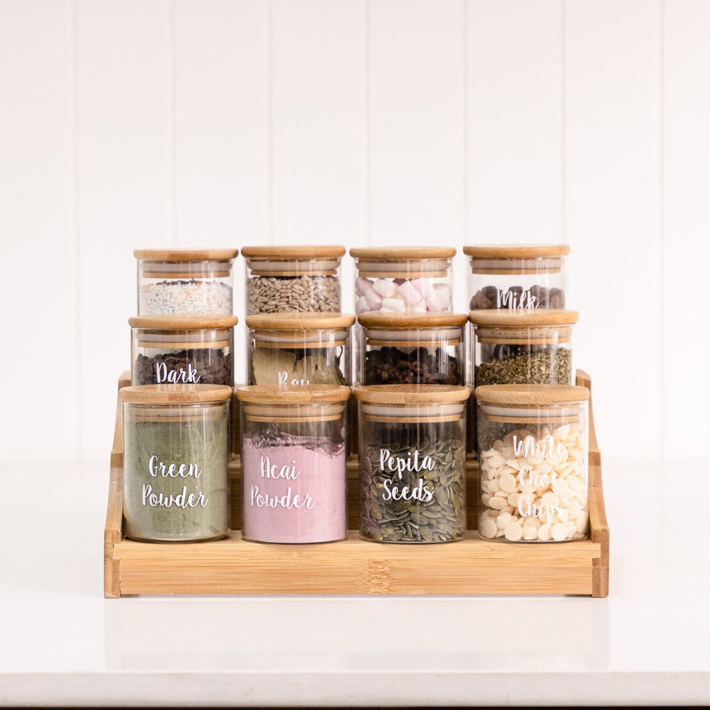 Large Bamboo Spice Shelf with 12 x 200ml Herb & Spice Jars Pack. Air tight herb and spice jar. Spice storage jars with spice rack. Bamboo spice rack for storing her and spice jars