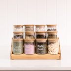 Large Bamboo Spice Shelf with 12 x 200ml Herb & Spice Jars Pack. Air tight herb and spice jar. Spice storage jars with spice rack. Bamboo spice rack for storing her and spice jars