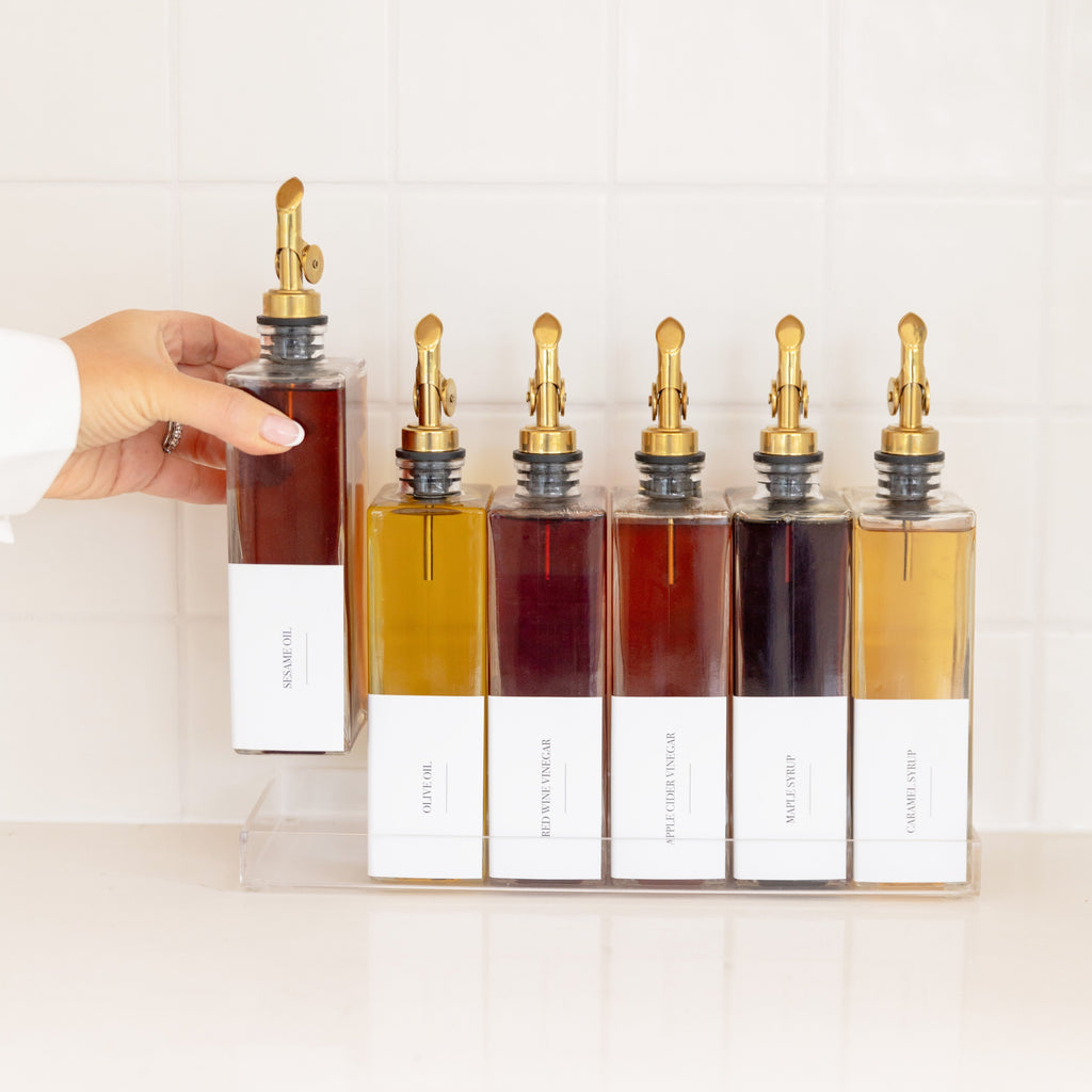 Oil & Vinegar Book Bottles with Acrylic Tray - 6 Pack - Little Label Co The Home of Organisation For Kitchen, Bathroom, Laundry & More